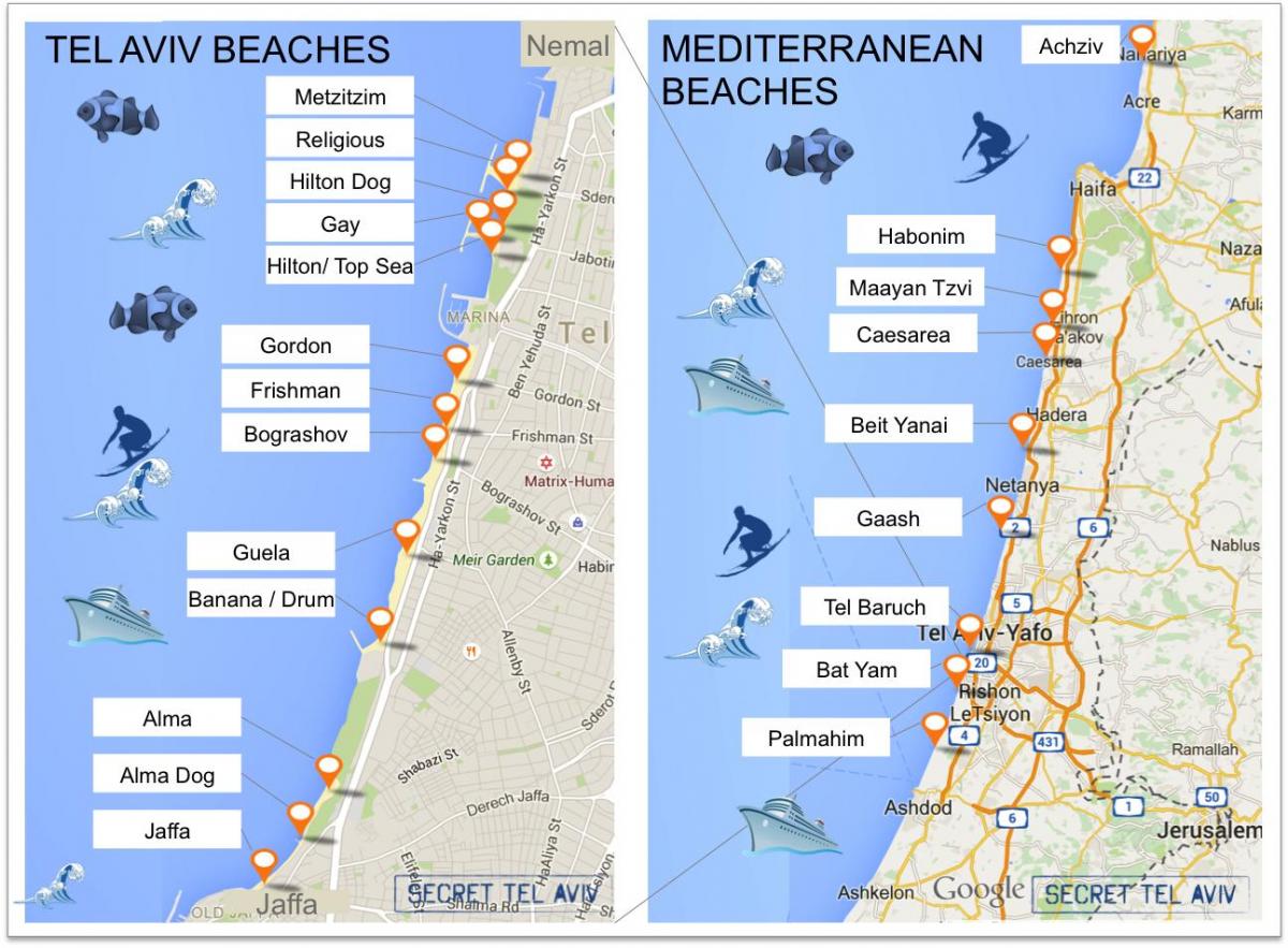 خريطة شواطئ تل أبيب